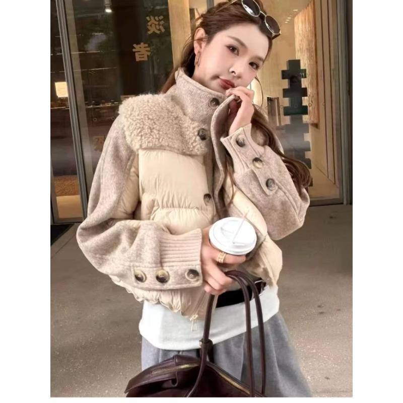 Fashion Woolen Spliced Down Padded Jacket Women's Winter Short Coat Loose Parkas Thicken Warm Stand-collar Outerwear