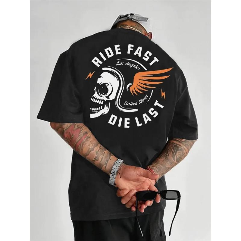 

European sizes Men s Ride Fast Skull Graphic T-Shirt - Black Casual Summer Tee with Bold RIDE FAST Print and Wing Design, 4XL