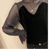 Mesh Velvet Top Spring and Autumn French Style High-end Puff Sleeves Exposed Collarbone Hollow Shirt Women
