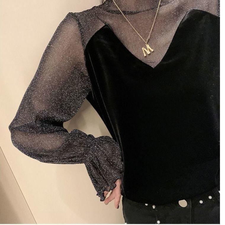 Mesh Velvet Top Spring and Autumn French Style High-end Puff Sleeves Exposed Collarbone Hollow Shirt Women