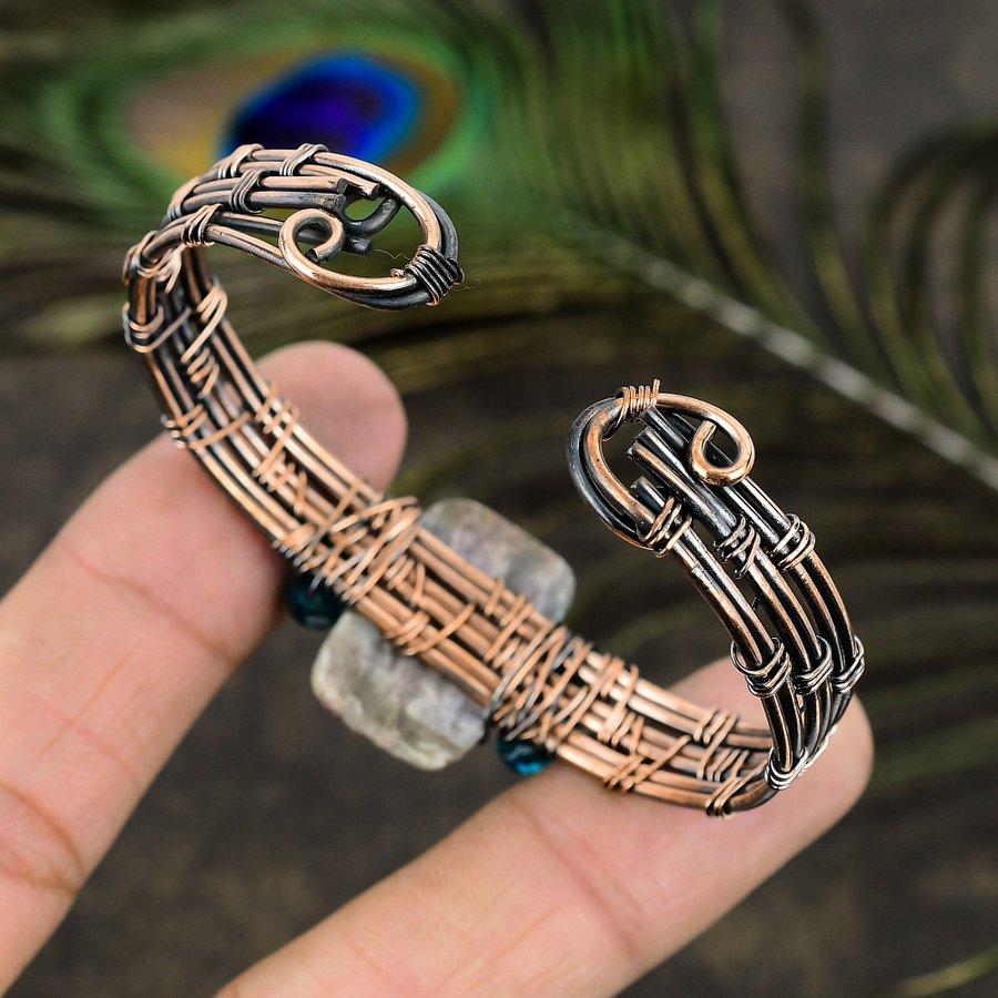 Natural Russian Charoite Gemstone Copper Wire Wrap Cuff Bangle Adjustable r9u23
