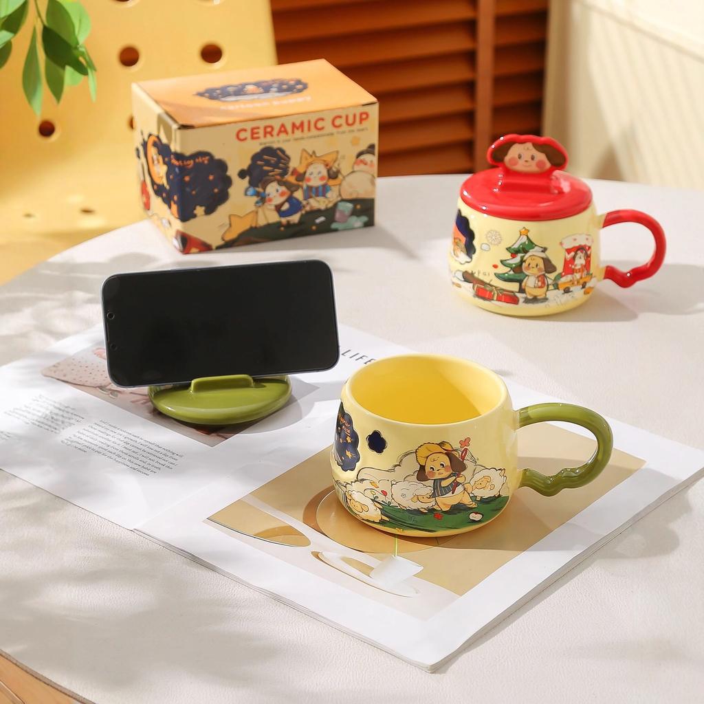 Creative mobile phone holder mug hand-painted wind cartoon puppy high value girl water cup office household cup