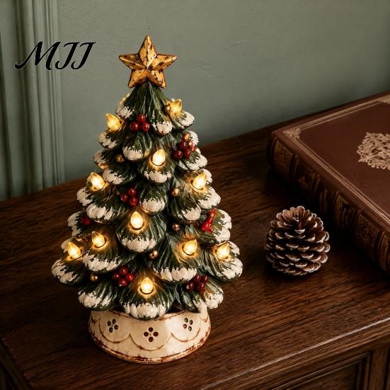 Decorative Resin Crafts Lighted Christmas Tree Decoration, Tabletop Xmas with Warm LED Nostalgic Winter Ornaments Lights, Battery Operated Holiday