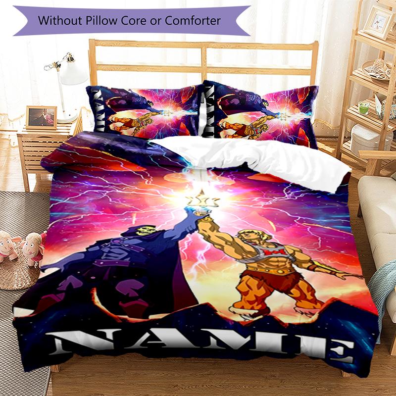 3pcs Custom Name Cartoon He-Man and the Masters of the Universe Bedding Set Duvet Cover Closure Includes 1 Duvet Cover & 2 Pillowcases for All Seasons