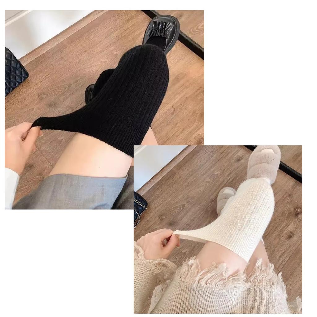 Chaussettes en laine Femme Automne/Hiver Couleur unie Cuisse haute Médias Lolita Chaussettes chaudes épaisses Noir Blanc Chaussettes longues pour femme