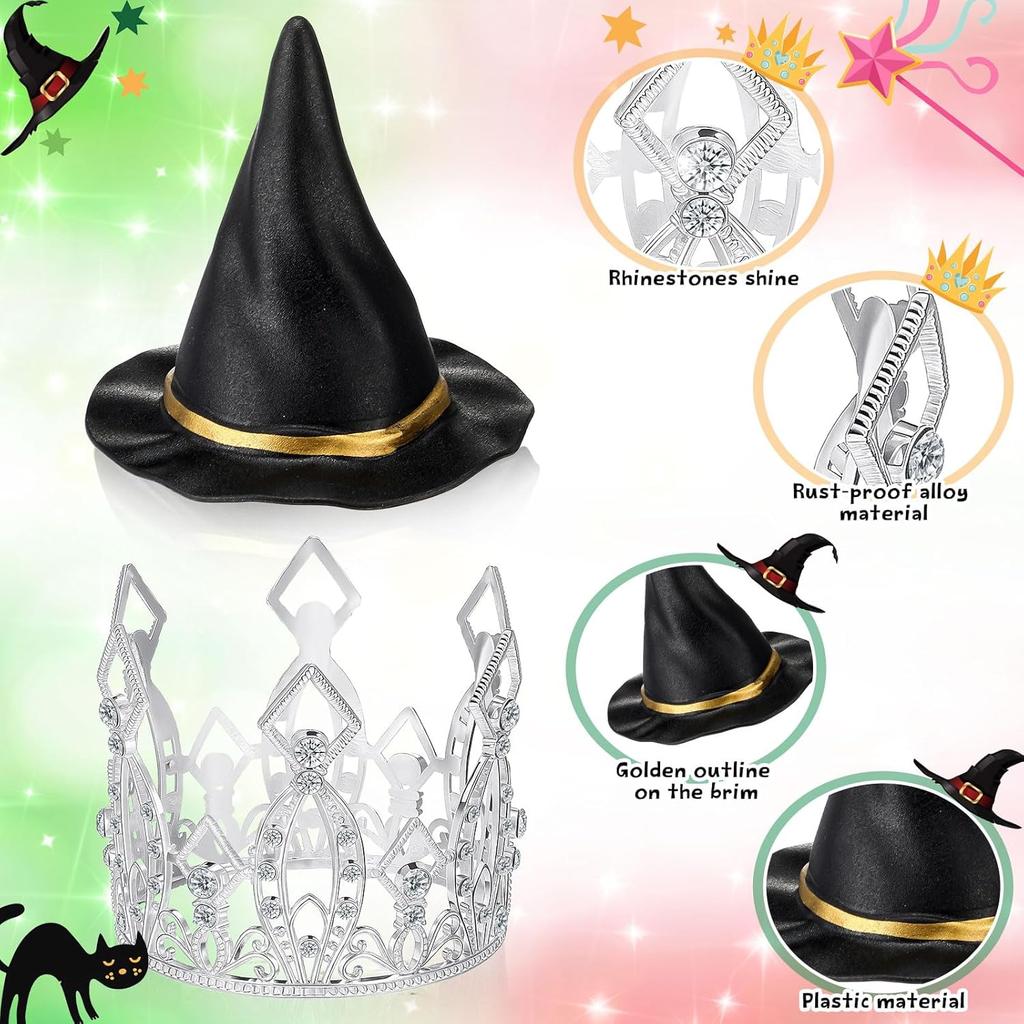 Dekoracja Tortu na Imprezę o Tematyce Wiedźm Srebrna Korona Czarny Kapelusz Wiedźmy Topper na Tort Akcesoria na Imprezę Urodzinową Księżniczki o Tematyce Filmowej