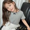 1-12Y Girl's Shirts Korean-style Knitted Lace-Trimmed Short-Sleeve Summer Ruched Tops Trendy Breathable Bow Tie Versatile Tee