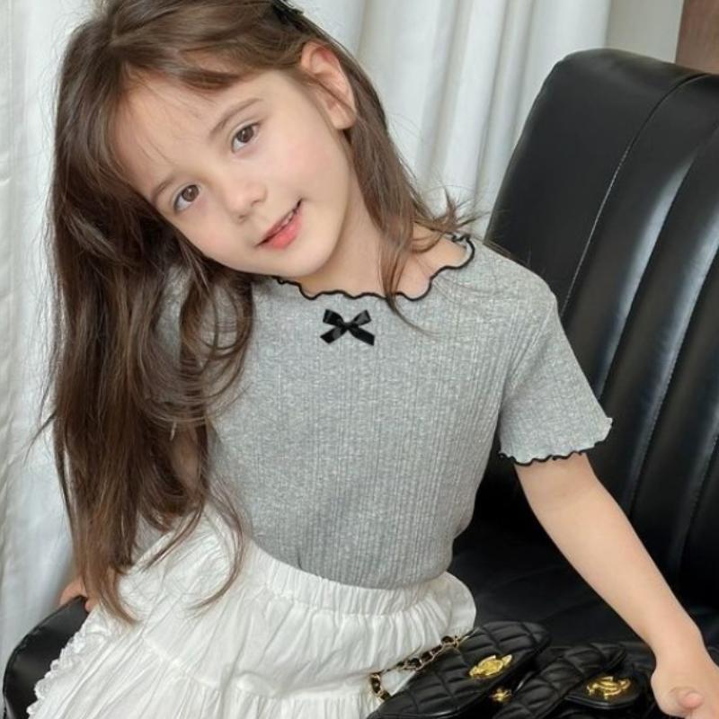 1-12Y Girl's Shirts Korean-style Knitted Lace-Trimmed Short-Sleeve Summer Ruched Tops Trendy Breathable Bow Tie Versatile Tee