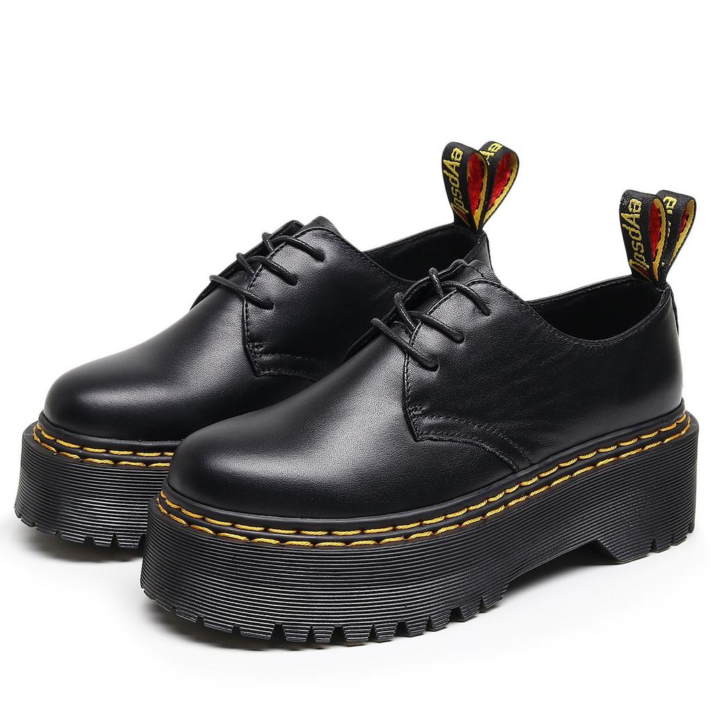 thick-soled hole double-line Martin shoes women's low-top, leather round-headed casual student muffin-bottom short boots women