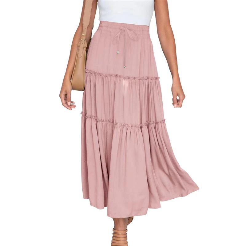 Women's Drawstring High Rise Midi Skirt Tiered Ruffle Maxi Skirt Casual Summer Long Skirt