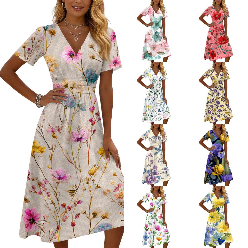 Women's Casual Fashion Floral Print Short-Sleeve V-Neck Dress