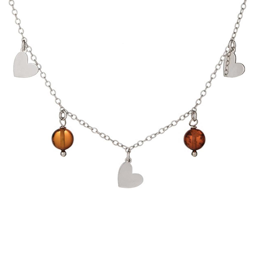 Les Trésors De Lily [R5547] - Handmade Silver Necklace 'Inspiration' Cognac Amber - 7 Mm Hearts - 5 Mm Pearl