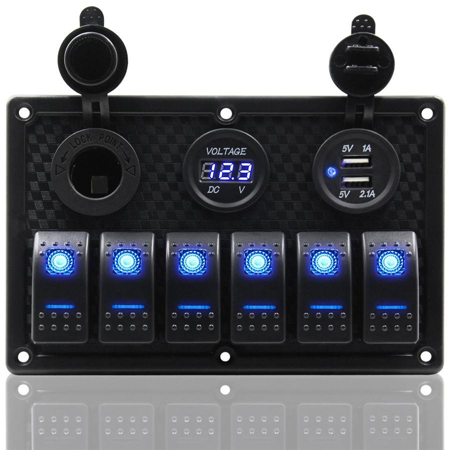 NEW 6 way Rocker Switch + Dual USB Car Charger + Voltmeter car Cigarette Lighter