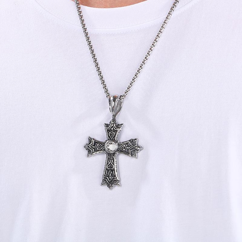 Hip Hop Rhinestone Cross Pendant Necklace for Men Vintage Stainless Steel Jewelry Gold Color O Chain Accessory Trendy Charm Gift