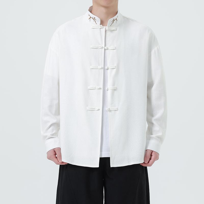 2025 Autumn Men Chinese Style Bamboo Embroidery Shirt Men Long Sleeve Loose Lazy White Shirts Men Cotton Linen Hanfu Tops