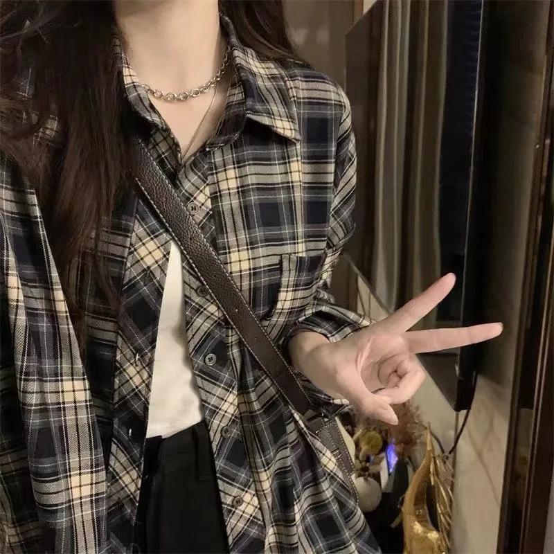 Damska Retro Koszula Kardigan Luźny Krój w Kratkę