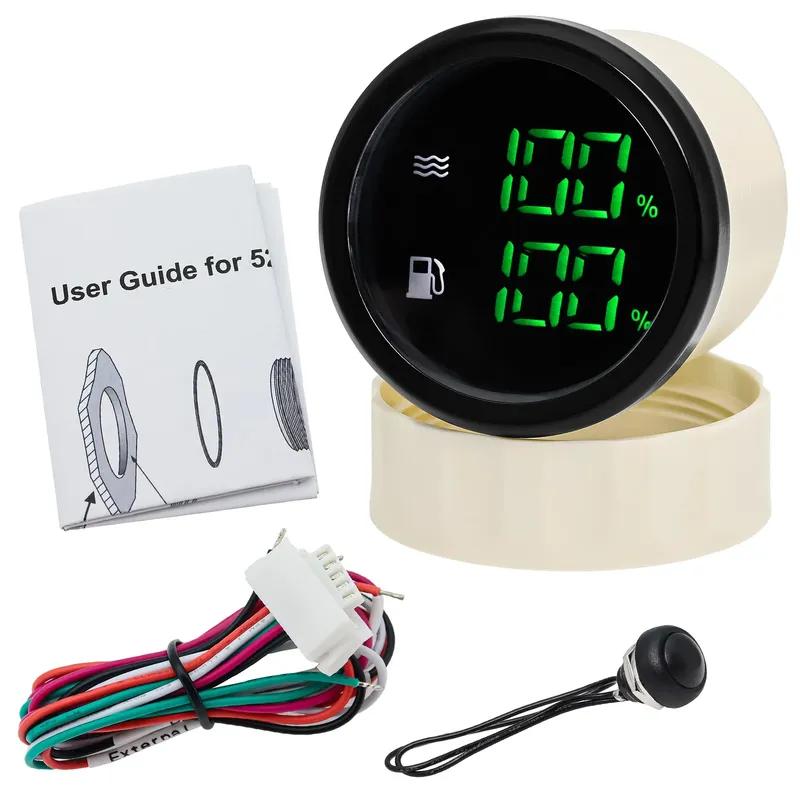 Waterproof Dual Gauge with Alarm Light 52mm Water Level+Fuel Level Gauge for Fuel Float Level Sensor 0-190 Ohm Boat Car