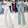 Women Jumpsuit Formal Pleated Lantern Sleeve Turn-down Collar V Neck Rhinestone Buckle Decor Wide Party
