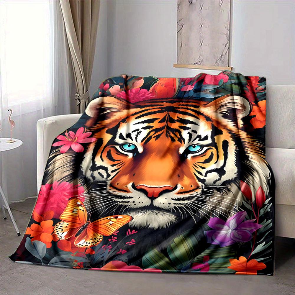 1PC Tiger Floral Print Blanket, Throw For Sofa, Bed, Travel, Camping, Livingroom, And Bed, Printing Blanket With Soft And Warm Fabric Yy250918136