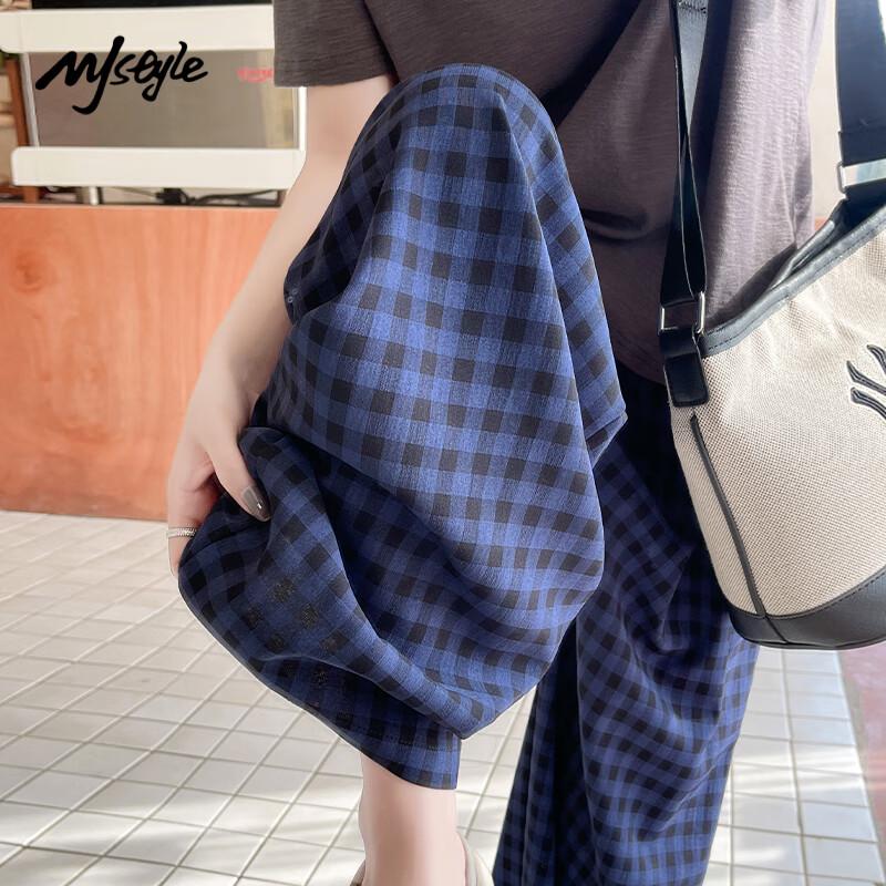 MJ STYLE Women's 2025 New Summer High-Waist Plaid Wide-Leg Casual Pants