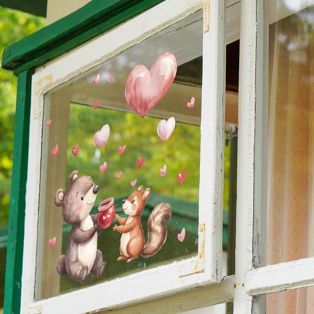 Valentinstag Bär und Eichhörnchen Herzförmiges Glasfenster Heim-Hintergrund Verschönerung Fensteraufkleber
