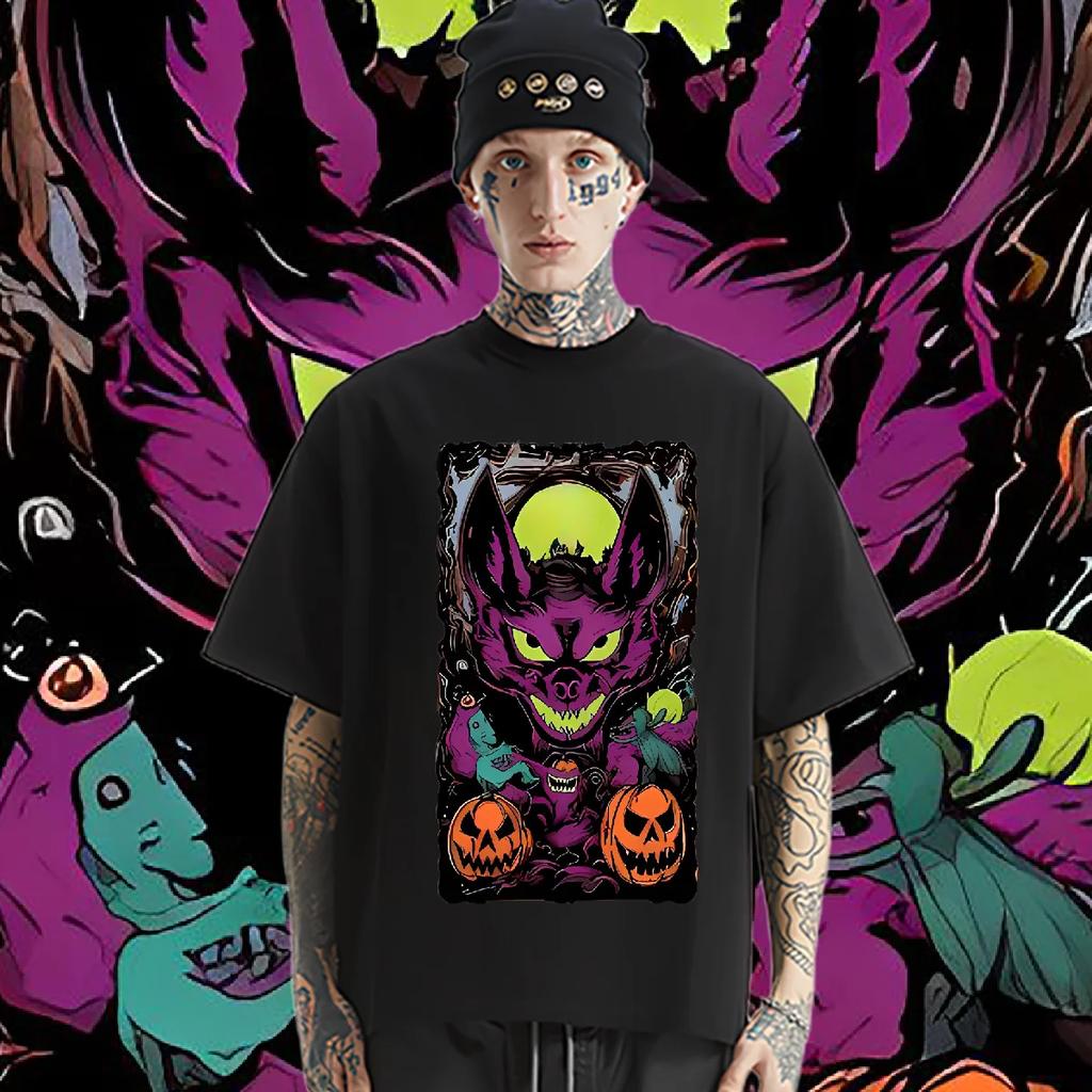 Purple Bat And Pumpkin Head Tshirt Short Sleeve Round Neck Tops Rap Style For Men Woman Shirt T-shirt Fashion T Shirt