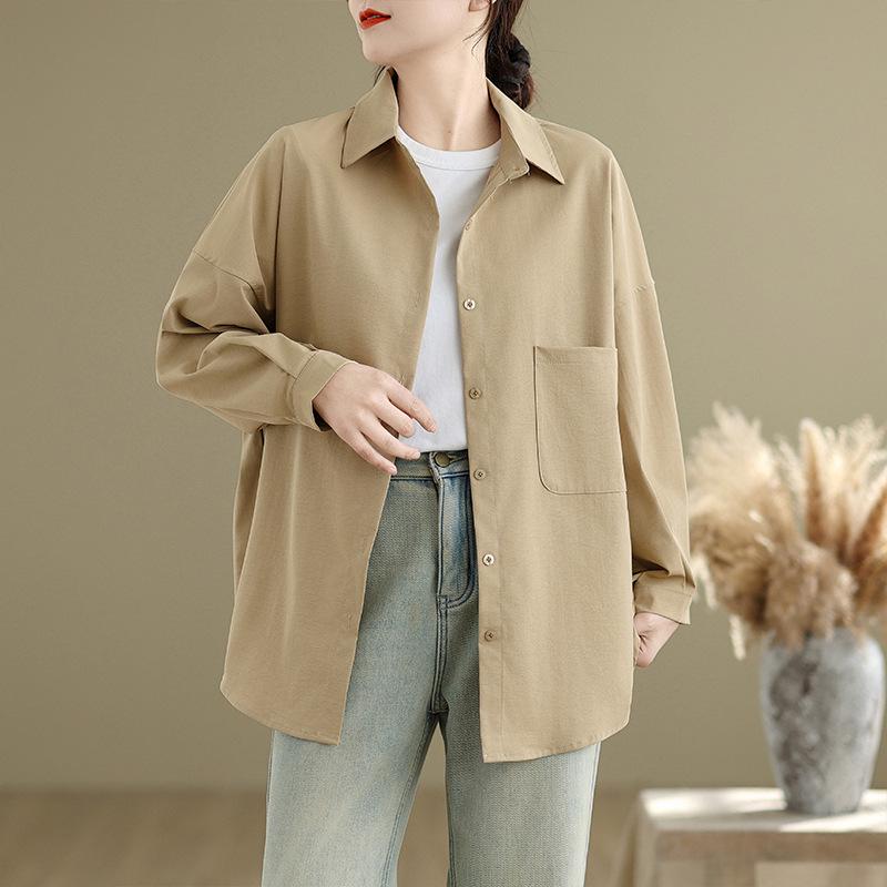 Japanese Literary Women s Loose-Fit Solid Color Lapel Shirt - Large Size, Versatile, High-End Feel XL