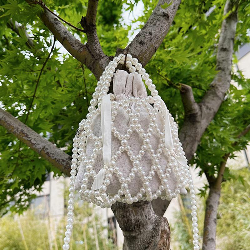Vintage Top Handle Pearl Women Handbag Summer Hollow Out Beach Bucket Girl Shoulder Crossbody Bag