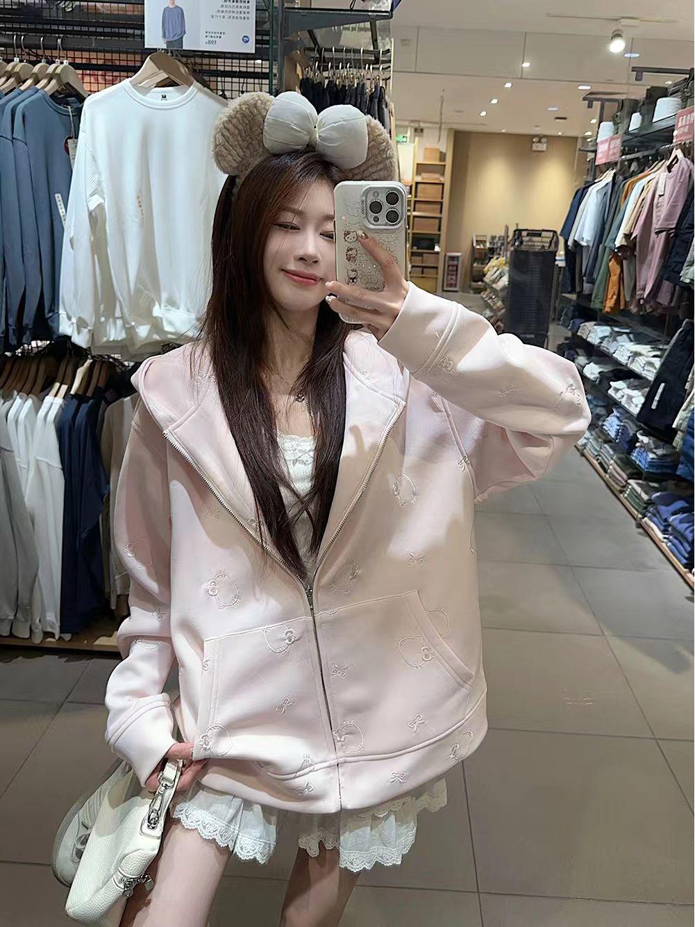 

Women s Pink Embroidered Zip-Up Hooded Sweatshirt - Korean Style, Lightweight, Versatile for Spring & Autumn Fashion Trends M