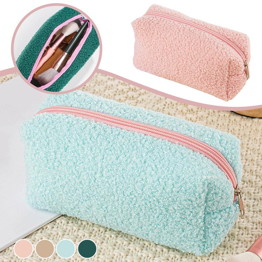 Zipper Plush Cute Large Solid Color Cosmetic Bag Makeup Bag for Women Travel Make Up Toiletry Bag Washing Pouch Pen Pouch