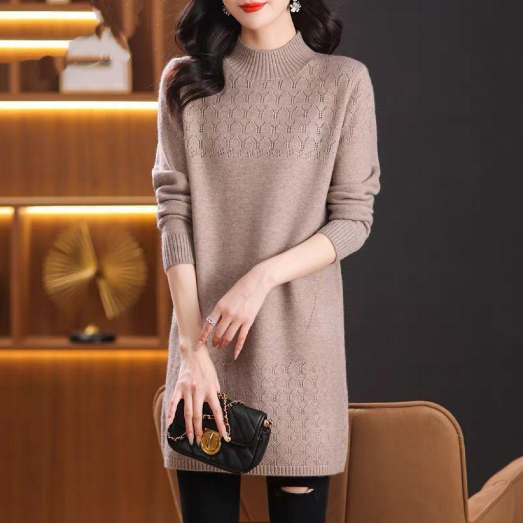 

Half Turtleneck Knitted Sweater Mid-length Women s Sweater Dress Loose Solid Color Casual Pullover S хаки