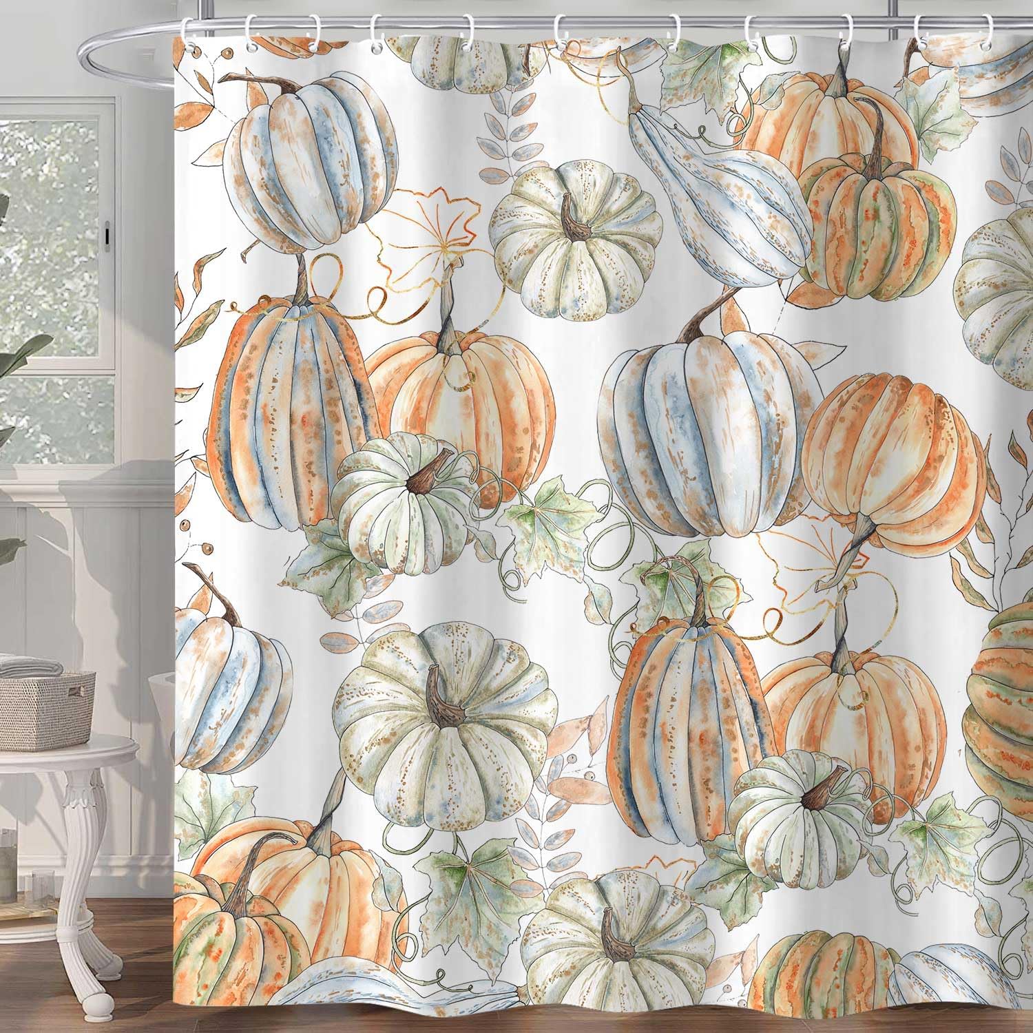 Halloween Ghost Pumpkin Shower Curtain,Cute Funny Autumn Seasonal Floral Decor Bath Curtains,Fall Maple Leaves Spooky Waterproof 90x180CM