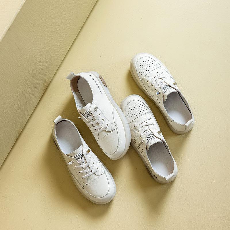 2025 Summer New Leather Little White Shoes Women's Breathable Casual Board Shoes Soft Sole Not Tired Feet Versatile Single Shoes One Pedal