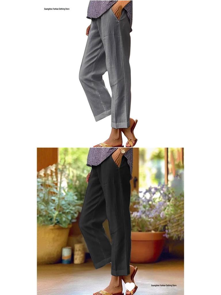 2026 Women's Loose Cotton Linen Elastic Waist Casual Pants with Pockets