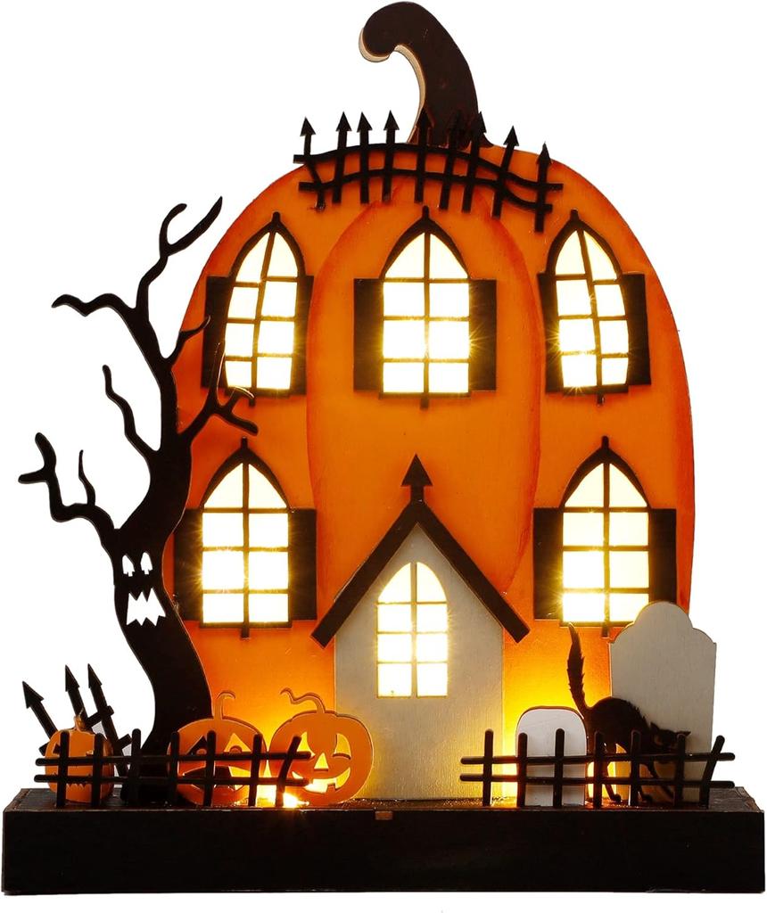 Pumpkin House Glowing Desktop Ornaments DIY Wooden Horror Ghost Pumpkin House with LED Light for Halloween Eve Party Decoration
