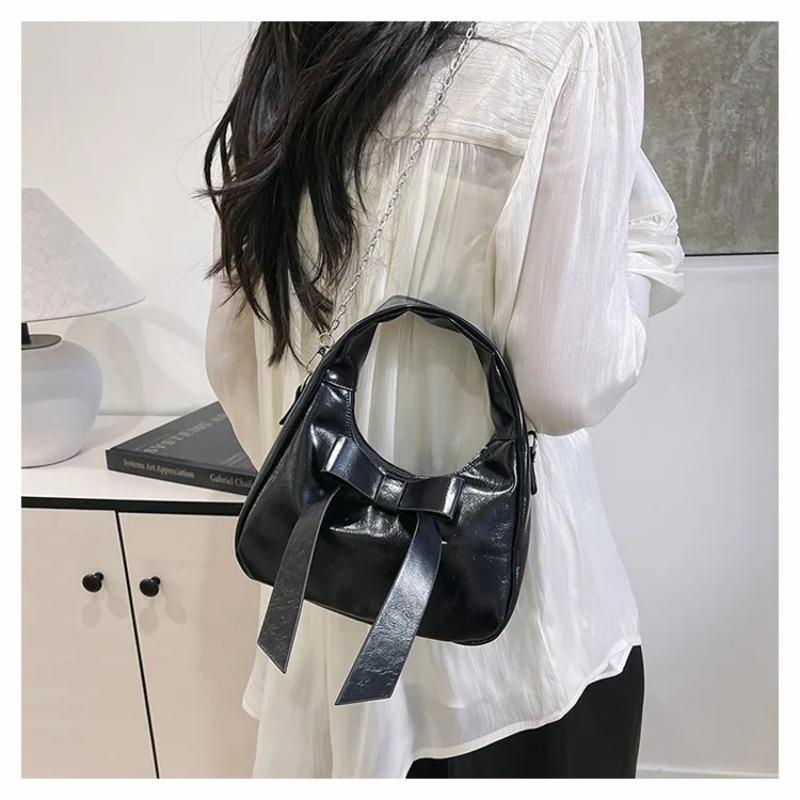 Sweet Bow Pu Shoulder Bags for Women Simple Solid Color Ladies Chain Crossbody Bag Versatile Portable Girls Handbags Clutch