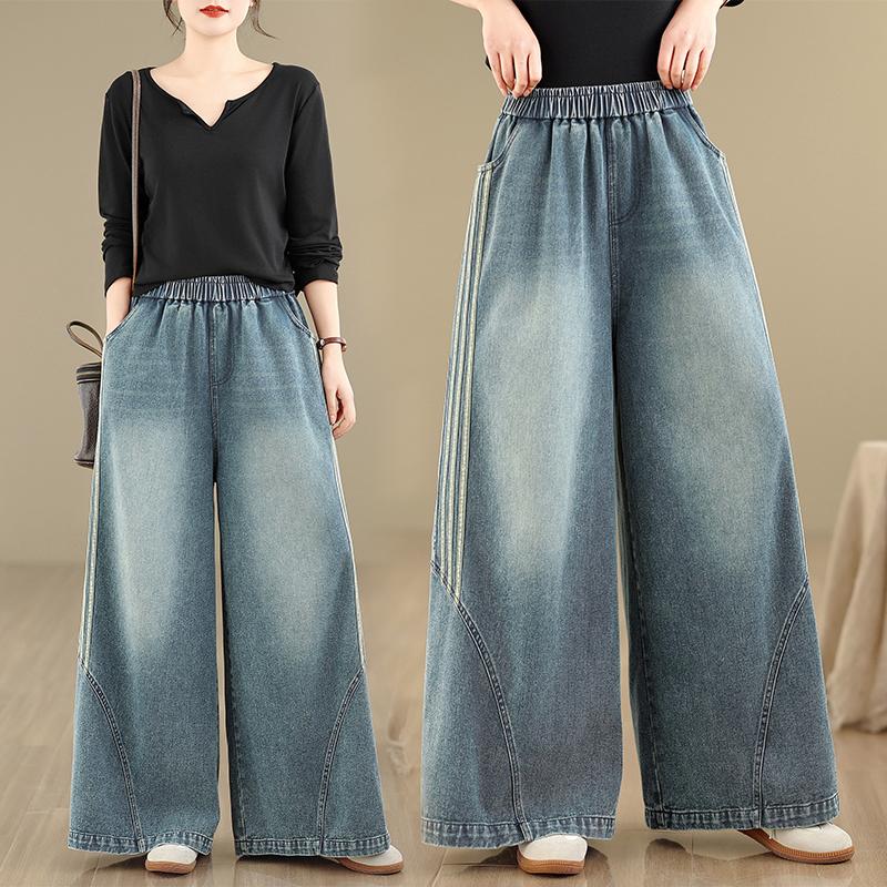 DIMANAF 2026 Summer New Plus Size Jeans Women Elastic Waist Long Pants Loose Casual Denim Cotton Trousers Blue Pants