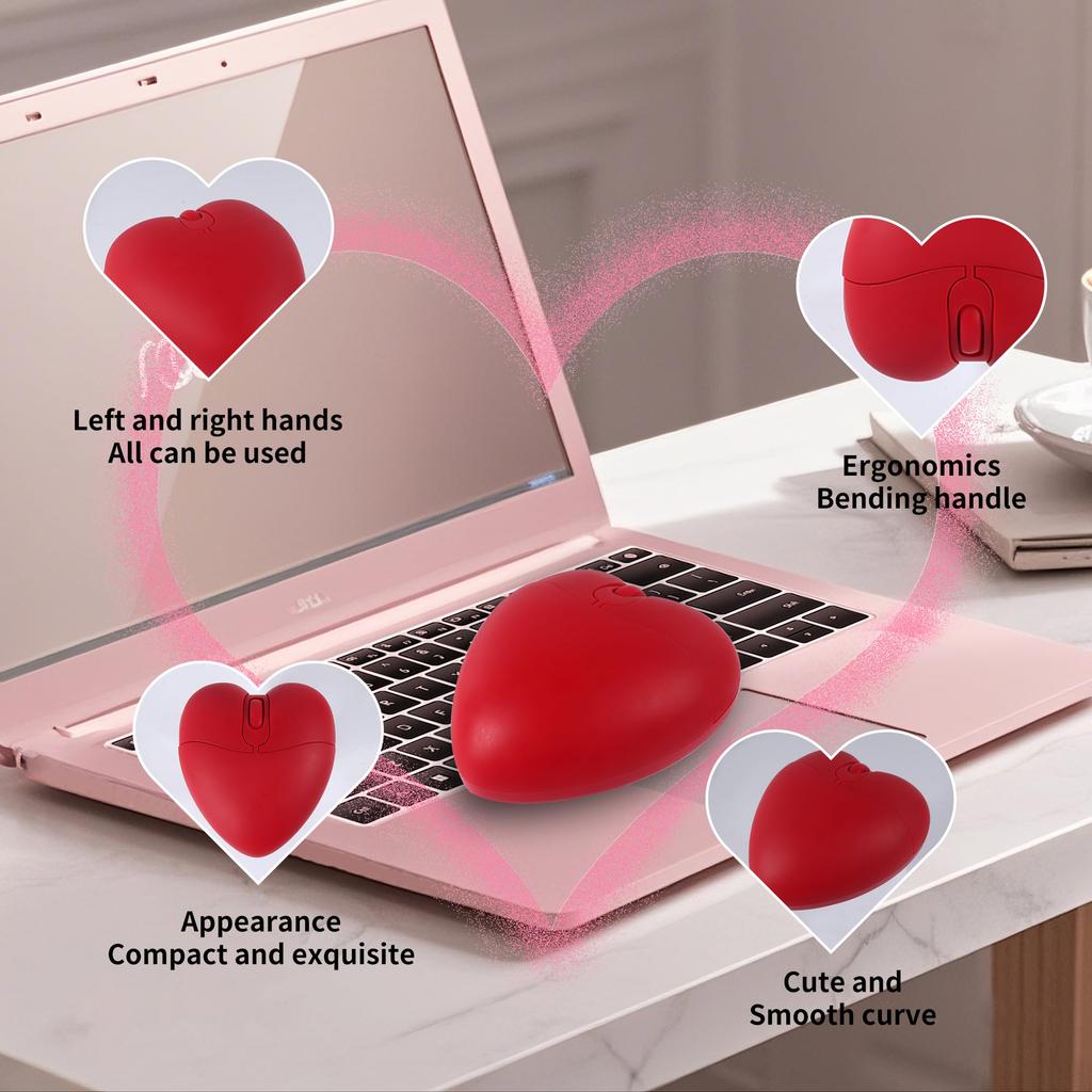 Cute Heart-Shaped Bluetooth Wireless Mouse, 2.4GHz and USB Compatible, Compact, Lightweight, Portable for Women and Kids, Compatible with iOS,