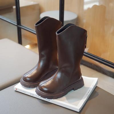 Kids Leather Boots Fashion Casual for Girls Long Boots PU Princess Shoes 2024 Autumn New Children High Boots with Back Zipper