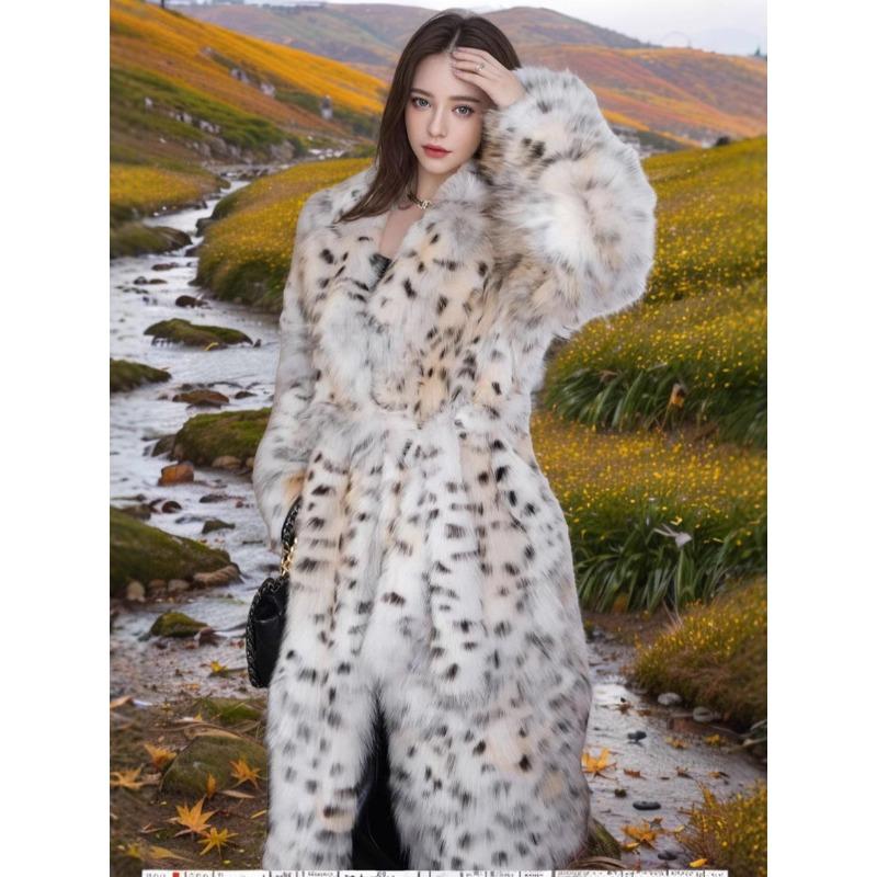 Autumn and winter fox fur jacket plus long over-knee leopard print tie-dyed suit collar coat for women