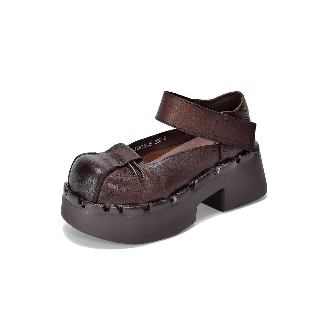 Johnature Thick Soled High Heels Pumps Genuine Leather Retro Round Toe Thick Heeled Women's Shoes