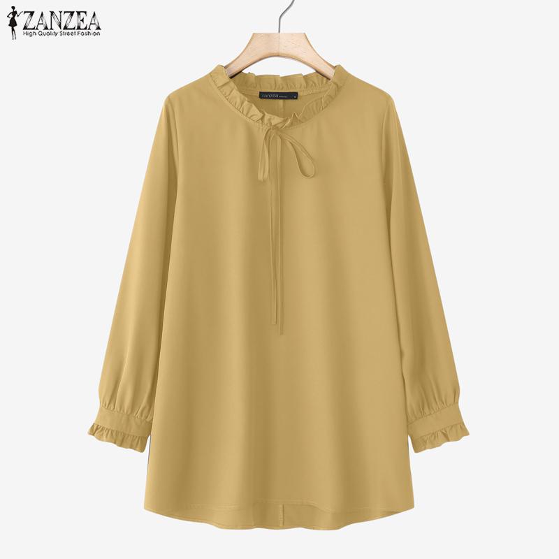 ZANZEA Dame Casual Rund Hals Ensfarget Løs Langermet Bluse