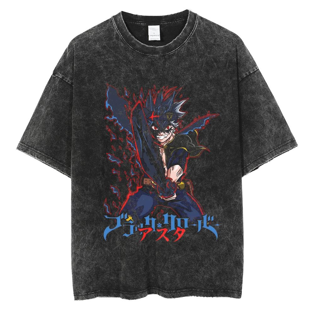 Black Clover Asta T Shirt Harajuku Gothic Tshirt Vintage Washed Tshirt Clothing Summer Short Sleeve Cotton Tees Streetwear