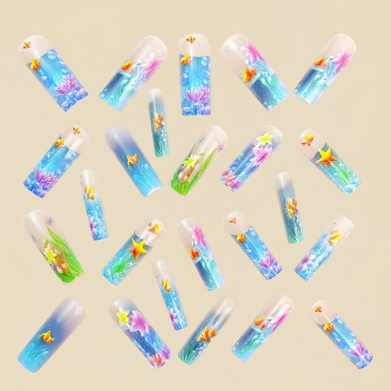 Ongle Carré Faux Clown Poisson Glacé Transparent Bleu Mer Paillettes Design Français Long Ongle à Presser Pour Fête Mariage Événement