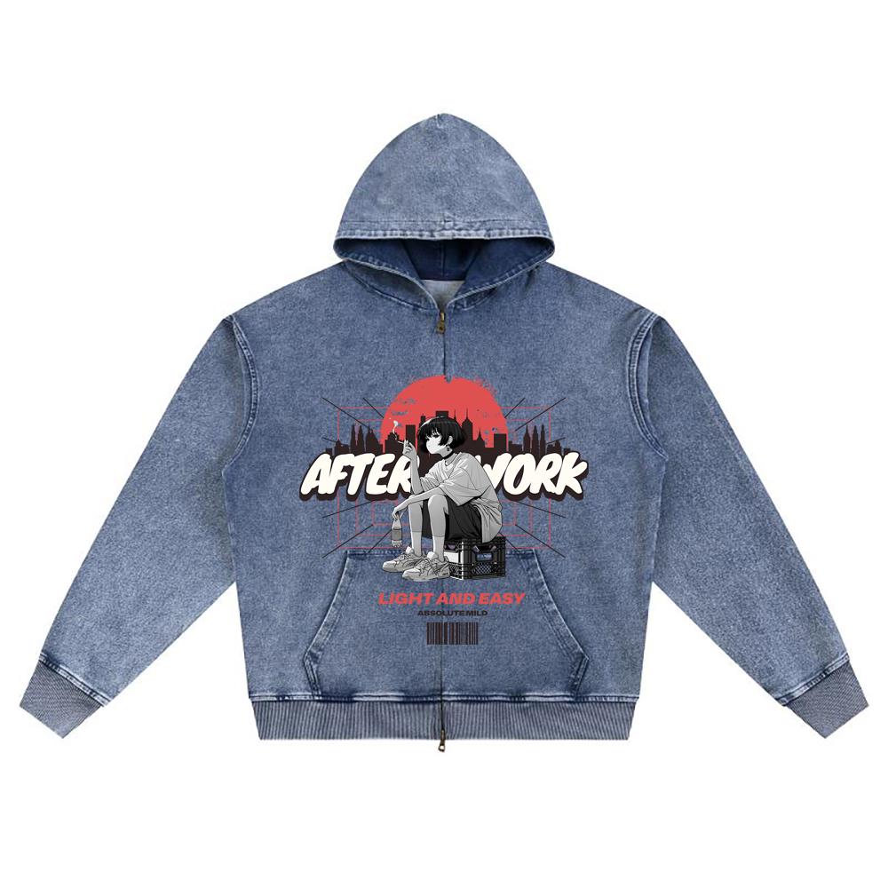 DTG-Druck Strick-Denim Zip-Up Hoodie After Work Brother Print Reißverschluss-Hoodies