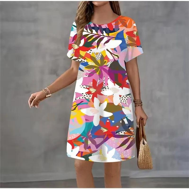 Fashion Women's Crew Neck Dress 3D Casual Color Printing Casual Short Sleeve Crew Neck Dress
