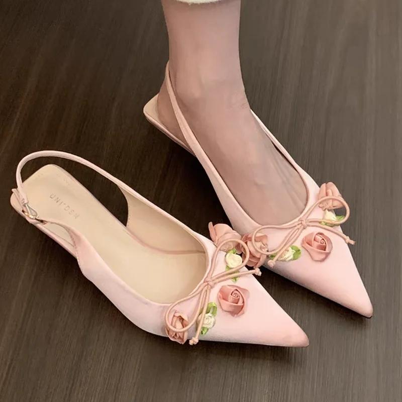 Fashion Pointed Toe Women Heeled Shoes Flower Elegant Slippers Summer Fashion Pumps Dress Woman Sandals 2025 Trend Cozy Female Zapatos