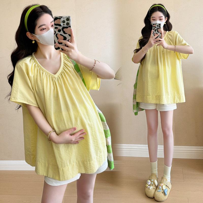 Maternity V-neck Sweet Doll Top & Belly Support Shorts Set 2026 M