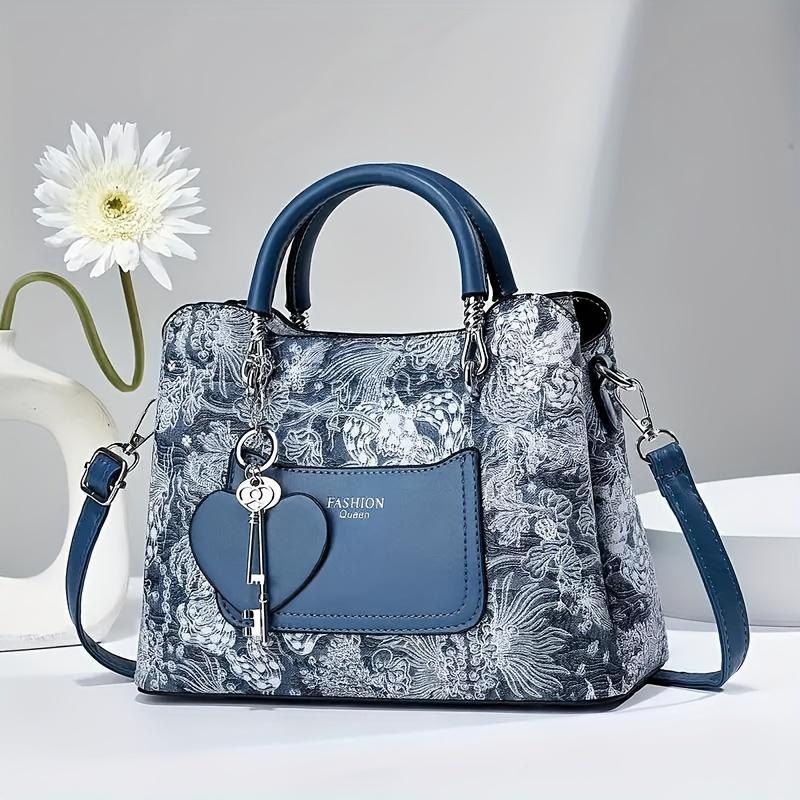 

Шикарна жіноча сумочка з PU шкіри з принтом, модна сумка через плече та через плече з подвійним ременем, універсальна щоденна сумка та гаманець синій