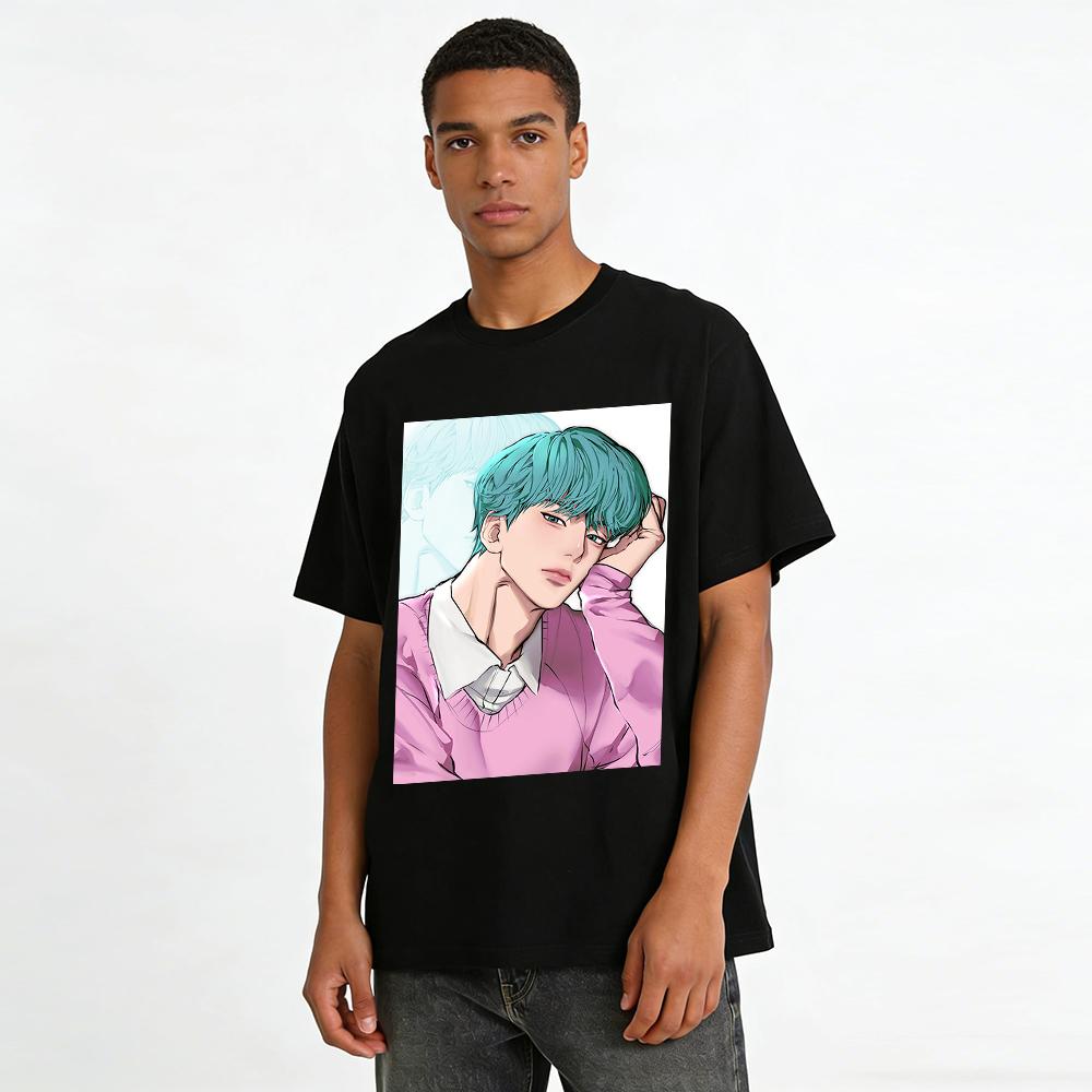 Anime Style Blue-haired Handsome Guy Print Long-sleeve Top Unisex Casual Loose T-shirt Pure Cotton T-shirt